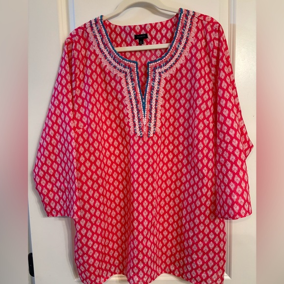 Talbots Embroidered Tunic Medallion Foulard  NWOT Azalea White XL - Picture 2 of 7